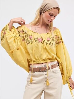 Free People Yellow Off-Shoulder Embroidered Crop Top